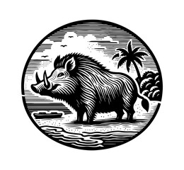 Cute cartoon pig character enjoying a resort vacation on a tropical island