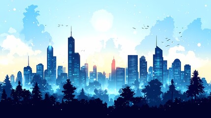 Fototapeta premium Vibrant Cityscape Silhouette at Sunrise: Futuristic Urban Skyline Illustration
