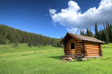 Obraz premium A remote log cabin deep in the wilderness, nestled between tall pine trees under a bright blue sky