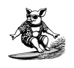 Pig boar hog surfing on ocean waves wearing beachwear in summer style