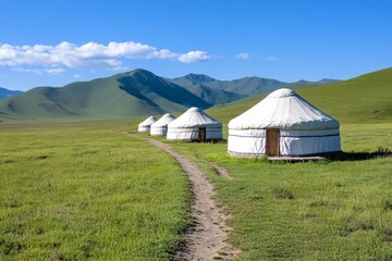 A row of traditional yurts with domed roofs, set against the vast Mongolian steppe