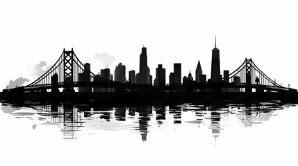 Minimalist Cityscape Skyline: Black and White Modern Panorama with Iconic Architecture and Reflective Urban Waterfront