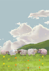 Flock of sheep on pasture landscape vector illustration. Domestic farm animal hand drawn concept.