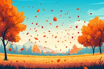 Stunning Autumn Landscape with Vibrant Fall Foliage, Golden Hour Scenic View of Trees and Clear Sky