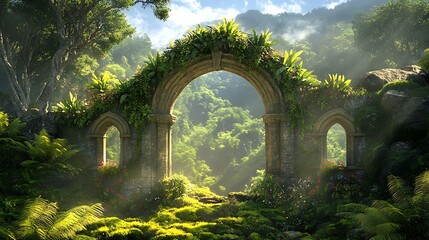 Stone archway in lush jungle.