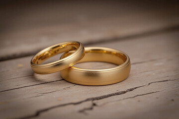 two gold wedding rings on a wooden table
