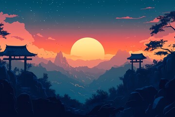 Stunning Sunset over the Majestic Asian Mountains: Vibrant Digital Art of Architectural Pagoda and Tranquil Landscape