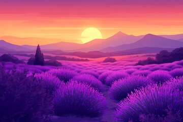 Naklejka premium Sunset Over Lavender Fields: A Scenic View of Mountains and Purple Flowers in a Beautiful Landscape