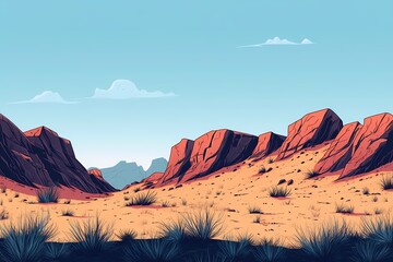 Naklejka premium Idyllic Desert Landscape Illustration: Scenic Wilderness with Vibrant Sunset Skies and Serene Rocky Horizon