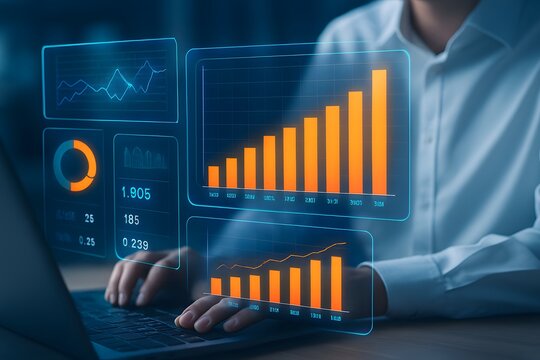 Financial management technology. Business finance data analytics graph. Advisor using KPI Dashboard on virtual screen. financial strategies, return on investment, ROI, efficiency, marketing plan