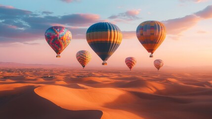 Fototapeta premium A group of colorful hot air balloons in various patterns and shades rises gracefully into the clear morning sky above an expansive desert. The balloons, adorned