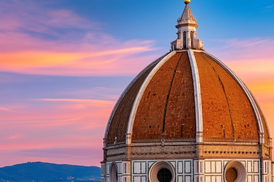 A sunset view of Florence&acirc;&euro;&trade;s Cathedral dome (Duomo di Firenze), glowing in warm orange light