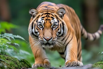 Naklejka premium A tiger walking through the dense forests of India, its golden fur glowing in the sunlight