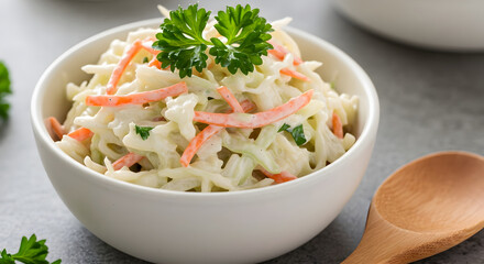 Creamy Coleslaw Salad in White Bowl with Wooden Spoon Still Life
