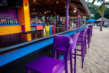Fototapeta premium A tropical tiki hut bar on the beach, with colorful drinks and lively music playing
