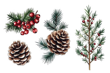 Watercolor Illustration of Pinecones and Berries on Transparent Background