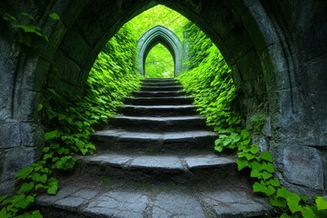 An ancient fortress in ruins, covered in creeping vines and haunted by spectral warriors