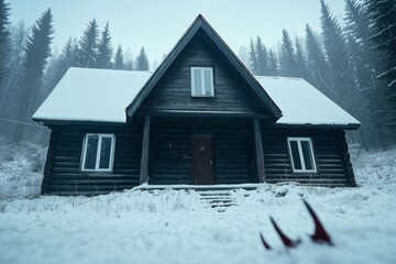 Naklejka premium An eerie abandoned log cabin deep in the woods, with broken windows and claw marks on the door