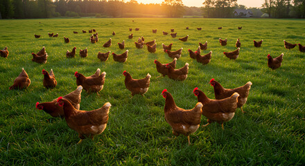 Free Range Chickens Grazing In Green Meadow At Golden Hour Sunrise