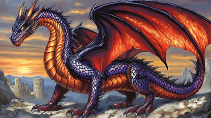 Obraz premium Majestic purple and orange dragon overlooking a sunset landscape.