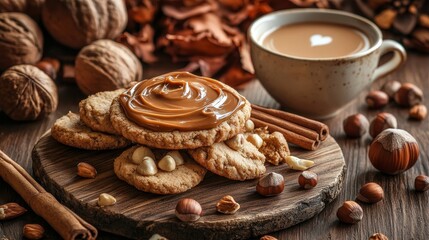 Fototapeta premium hazelnut cookies with caramel and chocolate spread rest on a rustic wooden table. World Food Day 