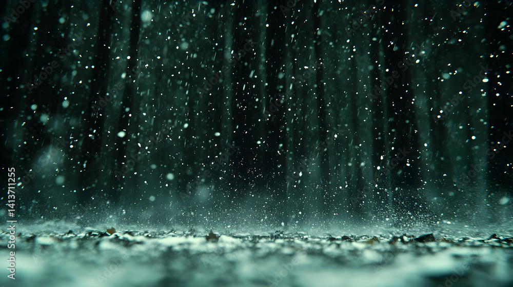 Poster Dramatic close-up of rain falling on ground, creating a mesmerizing splash effect. Deep teal tones and moody atmosphere. Perfect for background or header.
