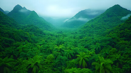 Obraz premium Lush green tropical rainforest valley nestled between mist-shrouded mountains. A breathtaking aerial view of vibrant foliage.