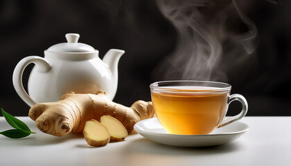 Fototapeta premium Invigorating Ginger Tea: A steaming cup of aromatic tea, with a teapot and fresh ginger root and slices creating a tranquil setting, steam curling into the air.
