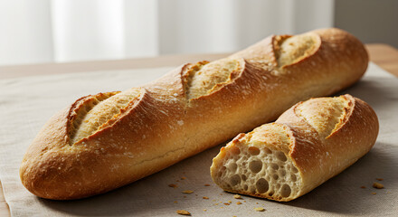 Naklejka premium Artisan Baguette Displaying Delicious Crust And Tender Crumb In Warm Light