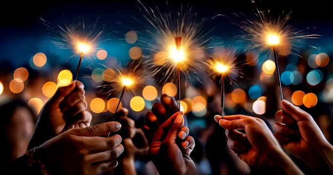 People Wave Sparklers Under Fireworks