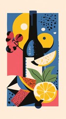 Vibrant still life composition of fruit and abstract shapes.