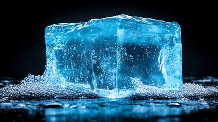A large, translucent blue ice cube with air bubbles melts on a dark surface.