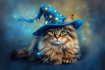 Fototapeta premium Cat Wearing Wizard Hat Adorable Fluffy Pet Portrait