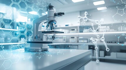 Microscope in lab with molecular and hexagonal graphic overlays; bright, sterile