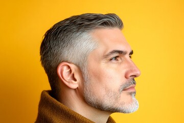 Obraz premium Yellow solid background. A middle-aged man looking happy and relaxed. Trendy men's classic short back and sides haircut - midlife white man with hair. Visual idea of style for aging men.