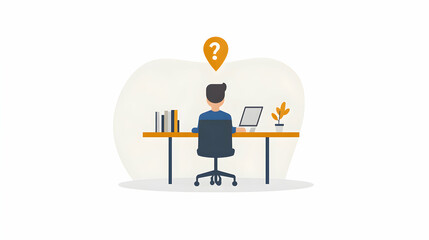 Person sitting at desk facing away, question mark above,  depicting problem-solving or uncertainty at work.