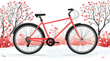 Fototapeta premium A vibrant coral bicycle rests in a snowy landscape, adorned with stylized red-berried trees. Perfect for winter cycling, holiday, or nature themes.