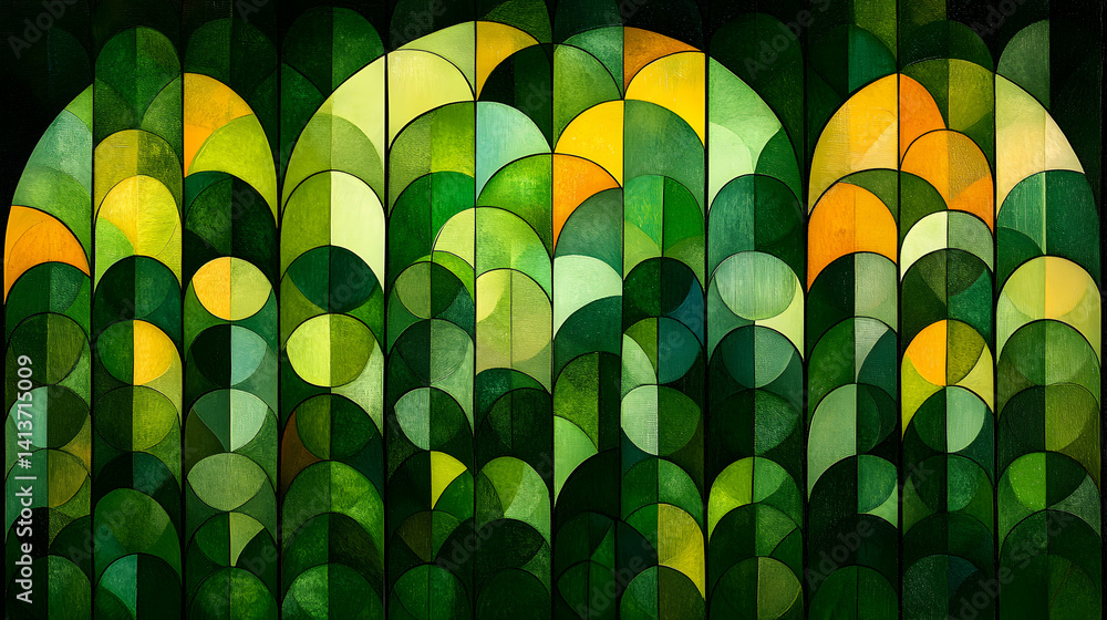 Poster abstract geometric art featuring vibrant green and gold hues, creating a visually captivating patter