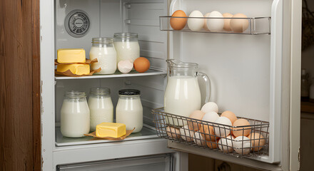 Refrigerator Filled With Dairy Products Fresh Milk and Eggs On Display