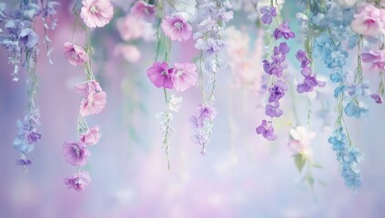 Obraz premium Pastel hanging flowers, dreamy floral background.