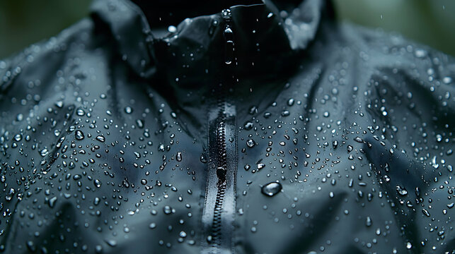 Close-up of water droplets on waterproof jacket fabric; showcasing its water-resistant properties. Ideal for outdoor gear, apparel, and textile advertising.