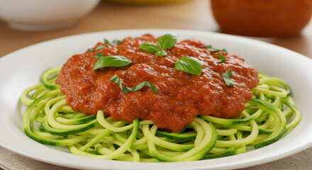 Healthy Zucchini Noodles With Tomato Sauce And Fresh Basil Leaves