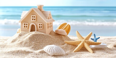 Beach House Model In Sand With Seashells And Starfish