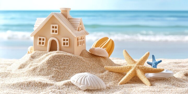 Beach House Model In Sand With Seashells And Starfish