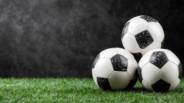 Soccer balls stacked on green field dark background sports photography