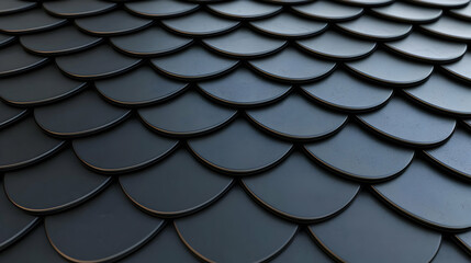 Dark gray overlapping scales.  Close-up view of a repeating pattern of  rounded, overlapping shapes, resembling fish scales