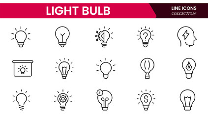 Vector illustration web line icon collection showcasing light bulb designs representing ideas, innovation, creativity, energy, solutions, thinking, inspiration, technology, brightness, and invention.