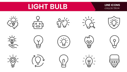 Vector illustration web line icon collection showcasing light bulb designs representing ideas, innovation, creativity, energy, solutions, thinking, inspiration, technology, brightness, and invention.