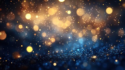 Glittering gold blue bokeh background, festive sparkle, dark backdrop, holiday design