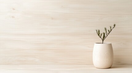 Simple, minimalist aesthetic with a small plant in a light-colored vase against a light wood background